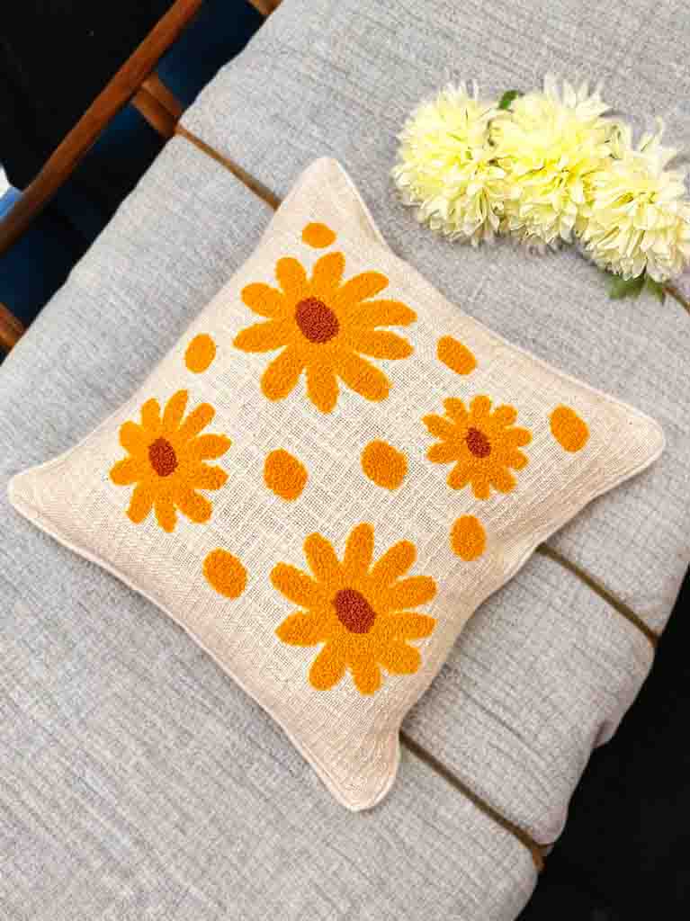 Yellow Flower Embroidered Cushion Cover | Slub Cotton, 16x16 Inches