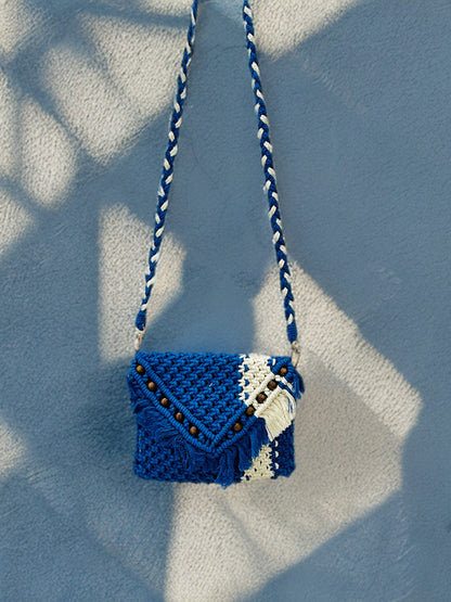 Handcrafted Blue Macramé Beaded Sling Bag – Boho Chic 7x9 Inch Purse with Zipper