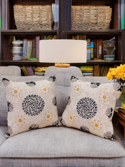Block Printed Cushion Cover | Beige Cotton Fabric | 16x16 Inches