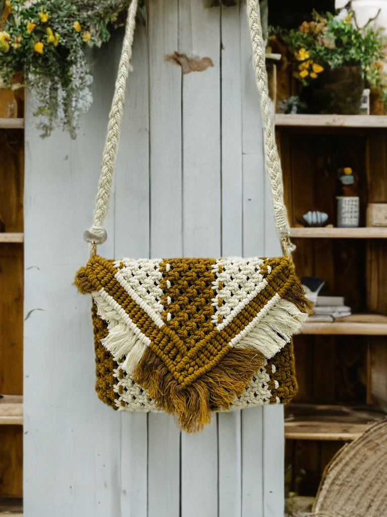 Macramé Sling Bag with Beads & Flap – Boho Handmade Purse