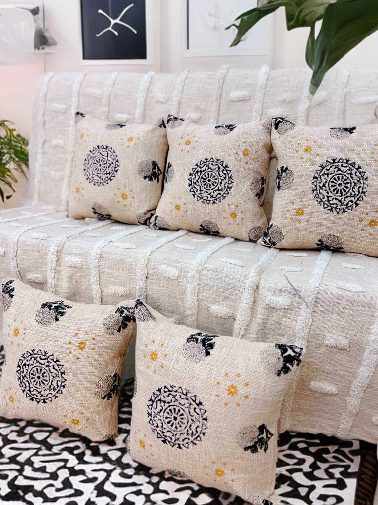 Block Printed Cushion Cover | Beige Cotton Fabric | 16x16 Inches