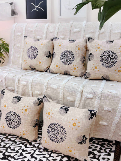 Block Printed Cushion Cover | Beige Cotton Fabric | 16x16 Inches