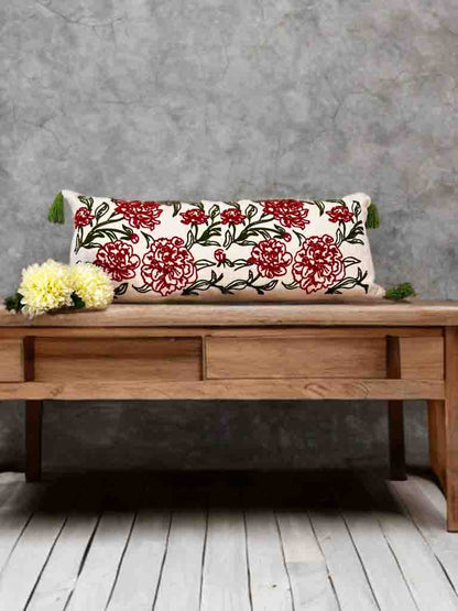 Floral Symphony Embroidered Lumbar Cushion Cover | 34x12" | Cotton