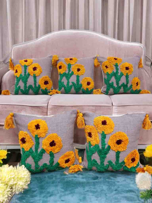 Sunflower Tufted Cushion Cover | Grey & Yellow, Slub Cotton, 16x16"