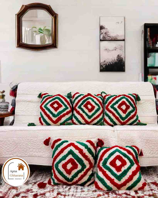 Multicolor Tufted Cushion Cover | 16x16" | Slub Cotton with Tassels