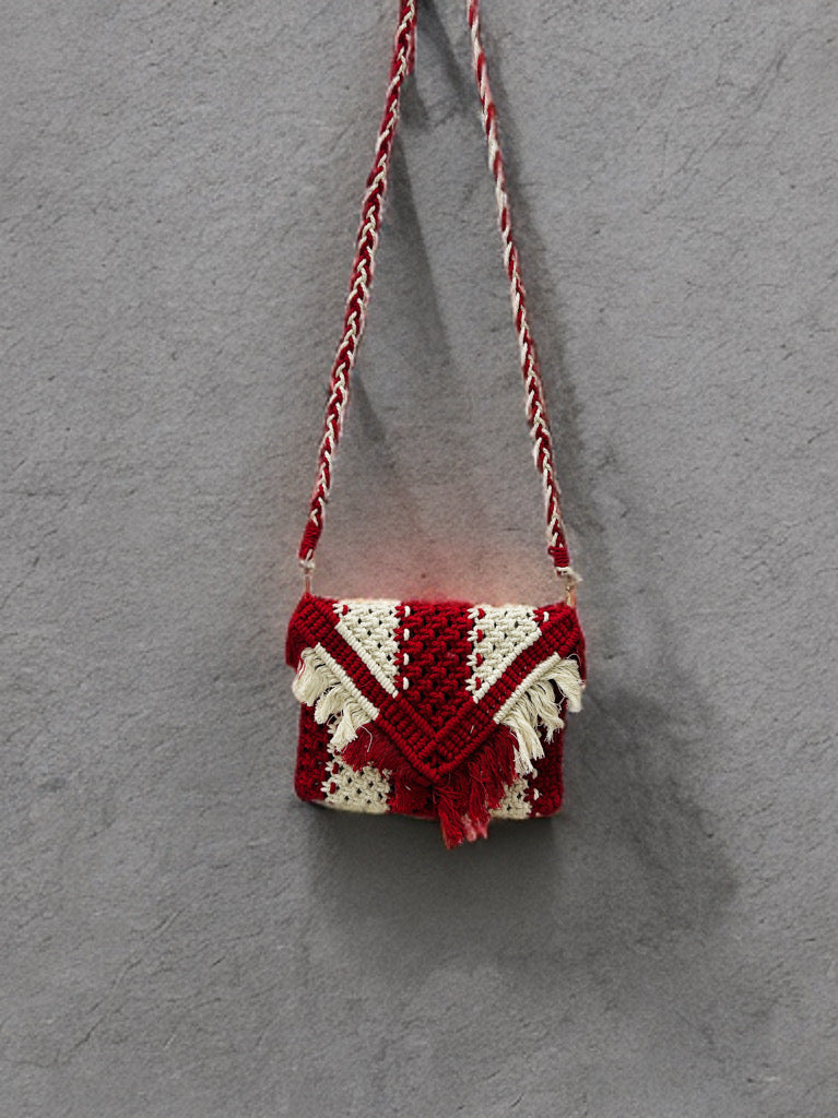 Compact Macramé Sling Bag – Red, Beaded, Handmade