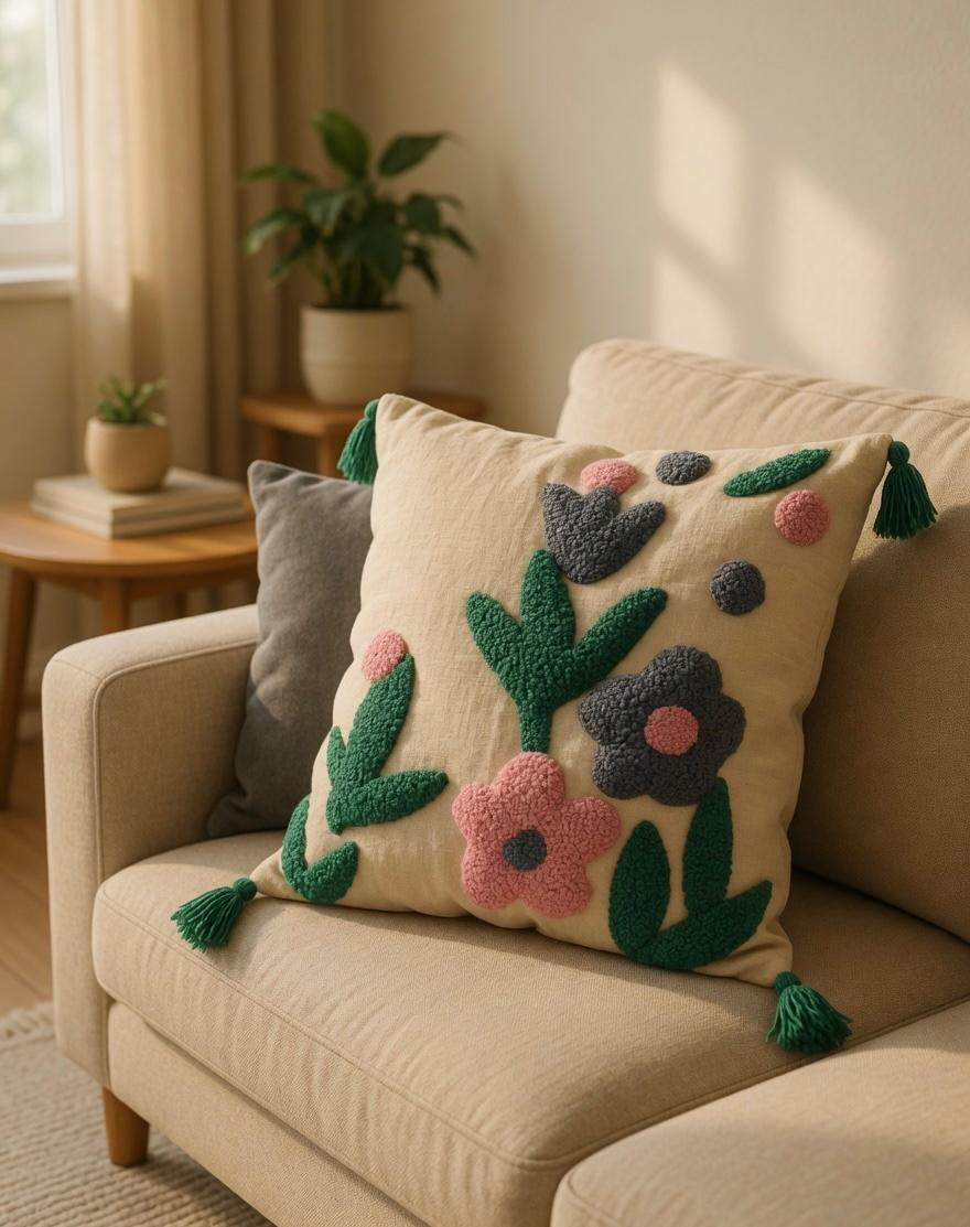 Knotted Embroidered Cushion Cover | Slub Cotton, 24x24 Inches