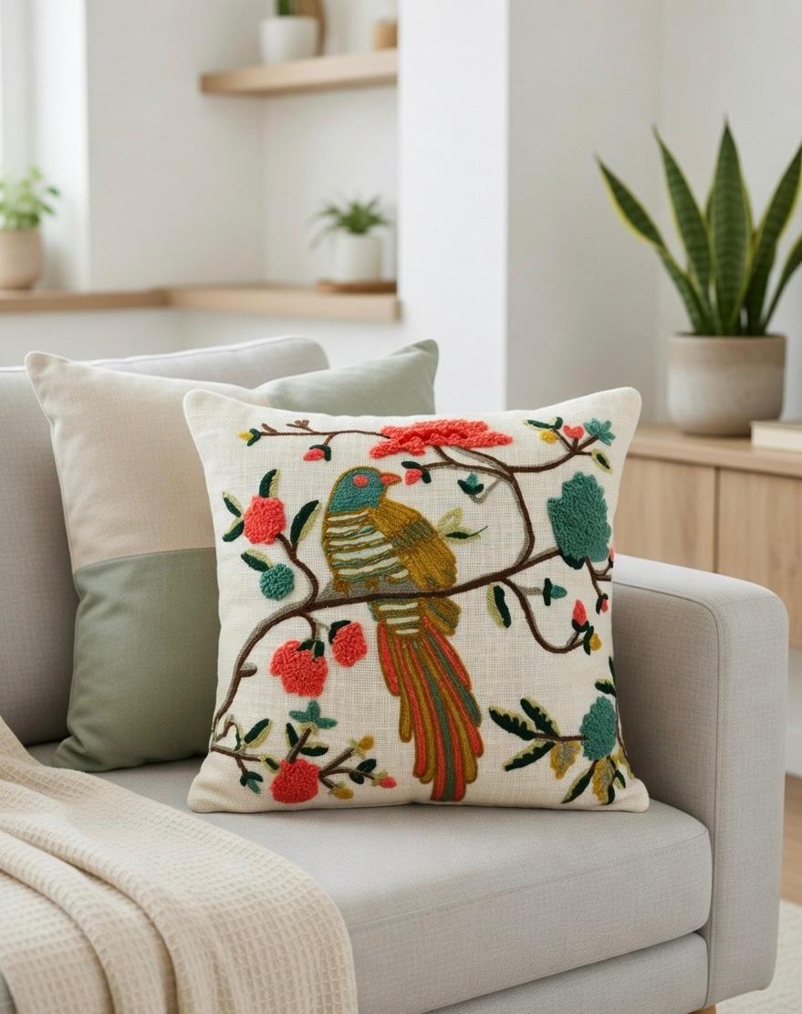 Bird Embroidered Cushion Cover | Slub Cotton, 16x16 Inches