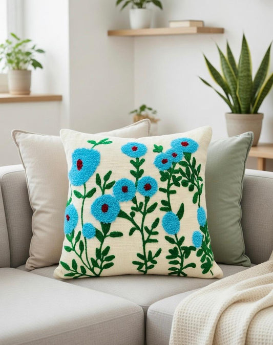 Floral Embroidered Cushion Cover | Slub Cotton, 16x16 Inches