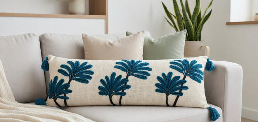Blue Embroidered Lumbar Cushion Cover | 12"x36" | Cotton