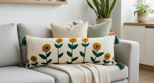 Embroidered Sunflower Lumbar Cushion Cover | 12"x36" | Cotton