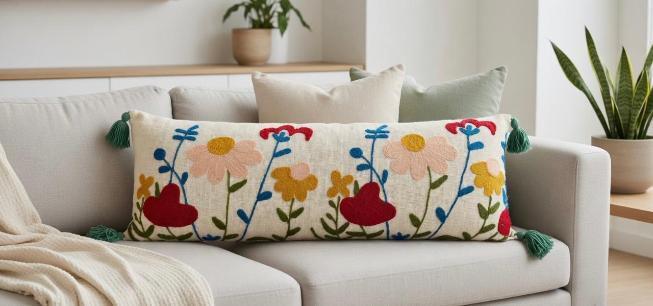 Floral Embroidered Lumbar Cushion Cover | 12"x36" | Cotton