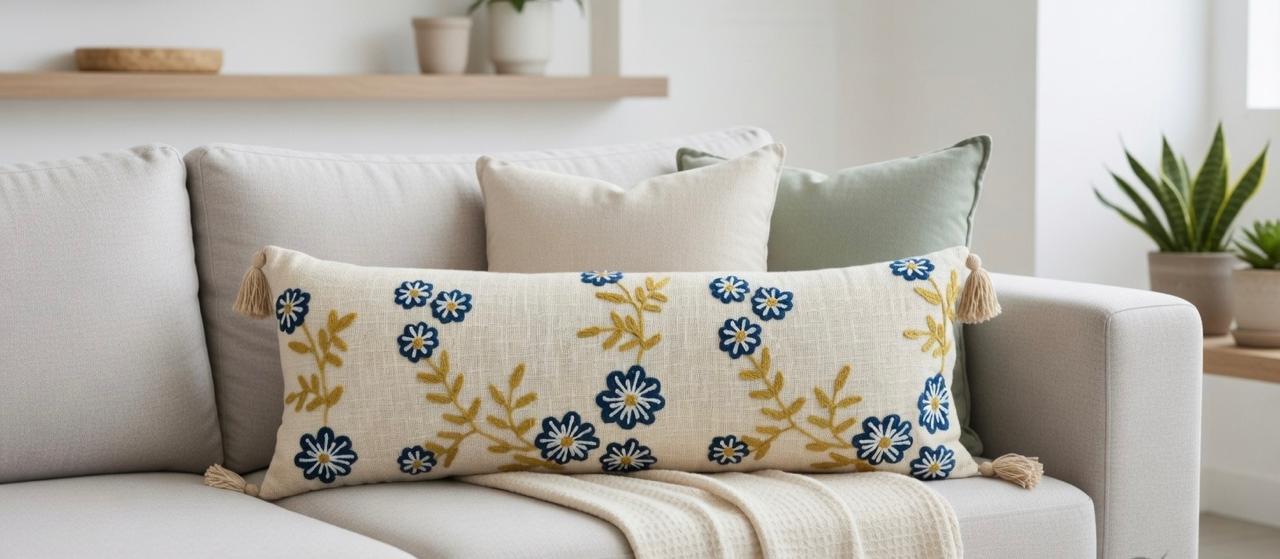 Floral Embroidered Lumbar Cushion | 12"x36" | Cotton