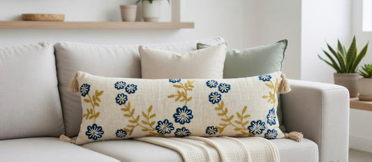 Floral Embroidered Lumbar Cushion | 12"x36" | Cotton