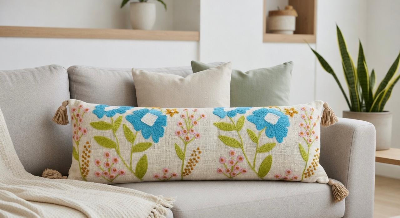 Floral Embroidered Lumbar Cushion | 12"x36" | Cotton