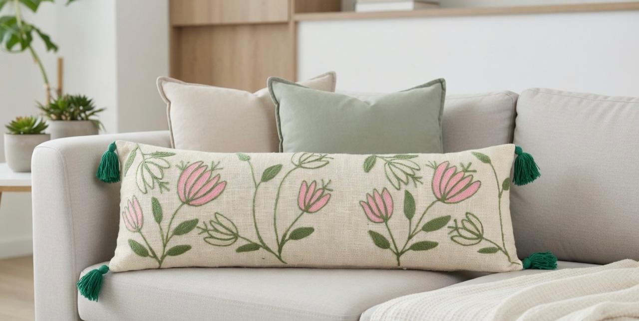 Floral Embroidered Lumbar Cushion Cover | 12"x36" | Cotton