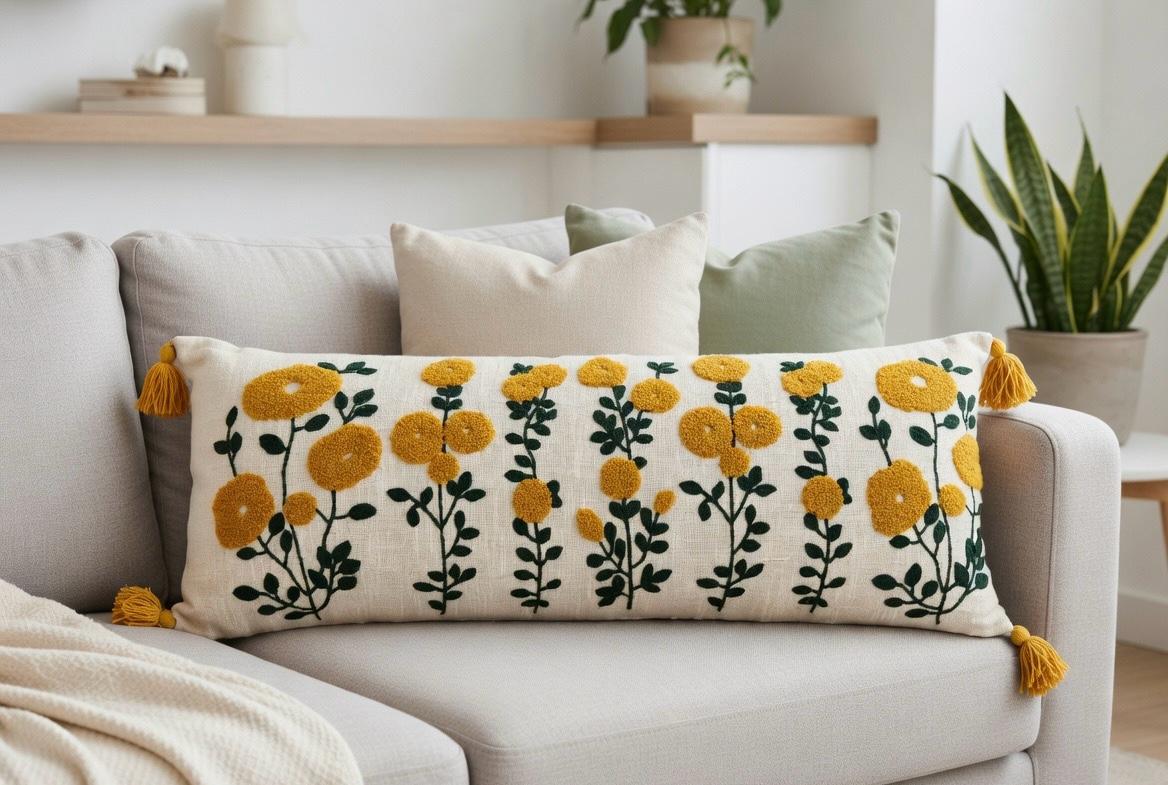 Embroidered Floral Design Lumbar Cushion Cover | 14"x36" | Cotton