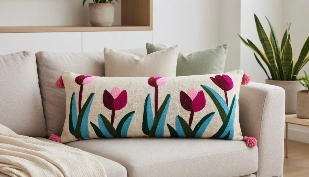 Embroidered Tulip Lumbar Cushion Cover | 14"x36" | Cotton