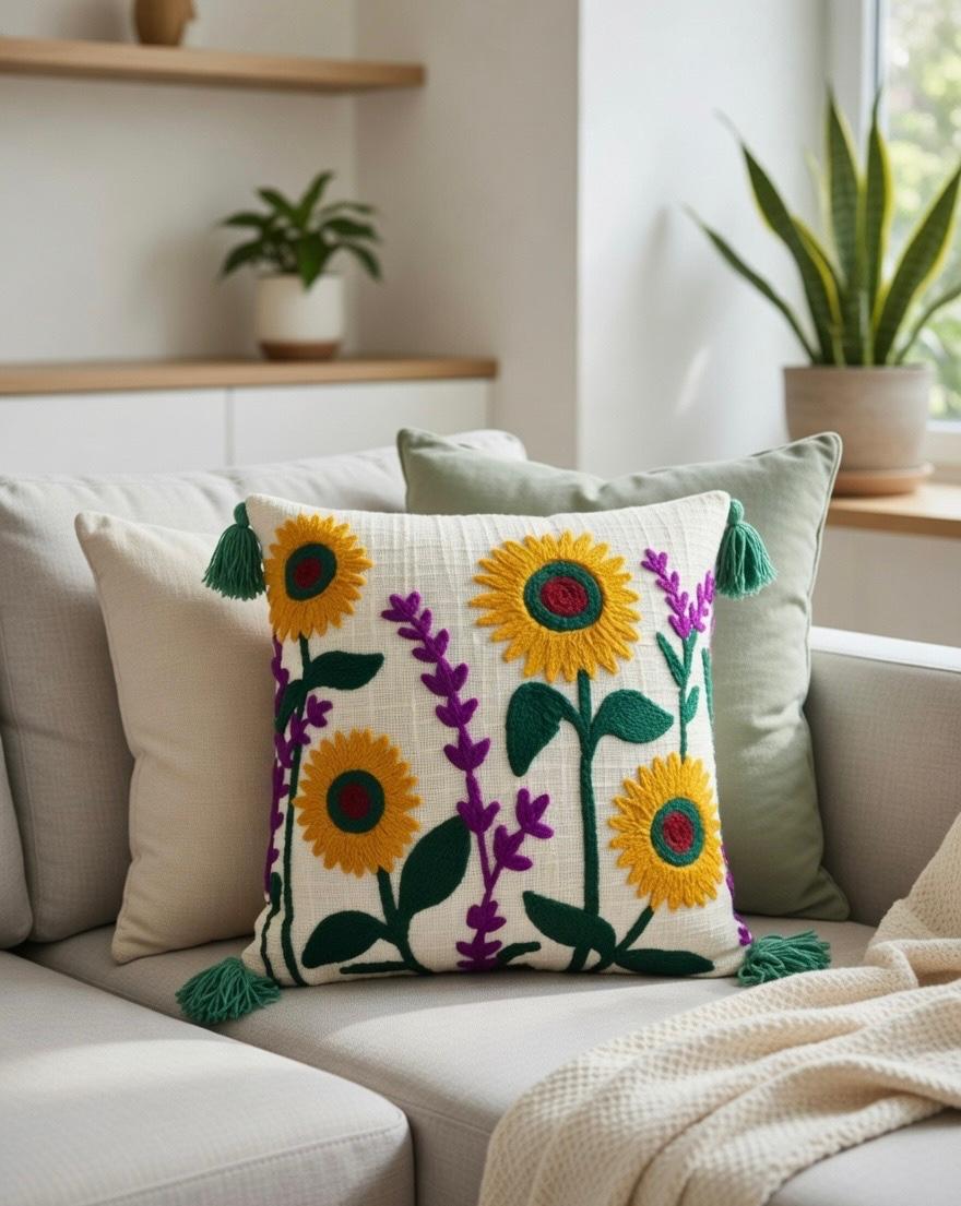 Embroidered Cushion Cover | Slub Cotton, 16x16 Inches