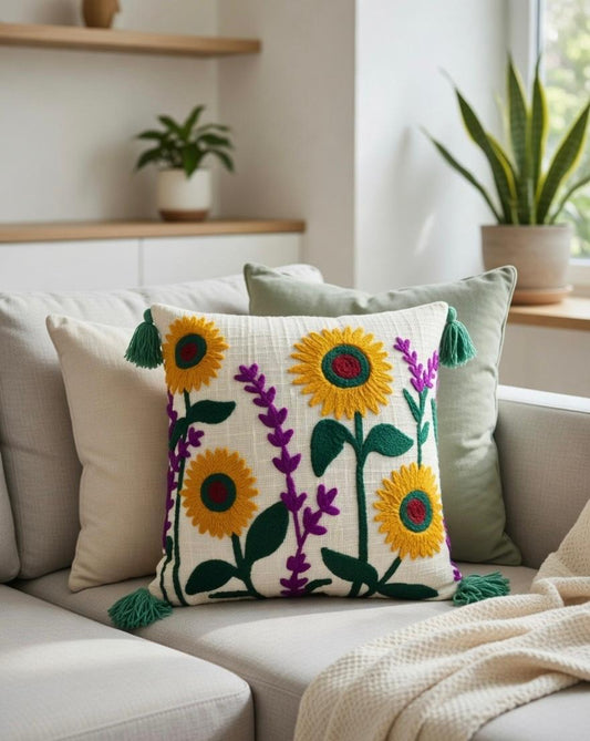 Embroidered Cushion Cover | Slub Cotton, 16x16 Inches