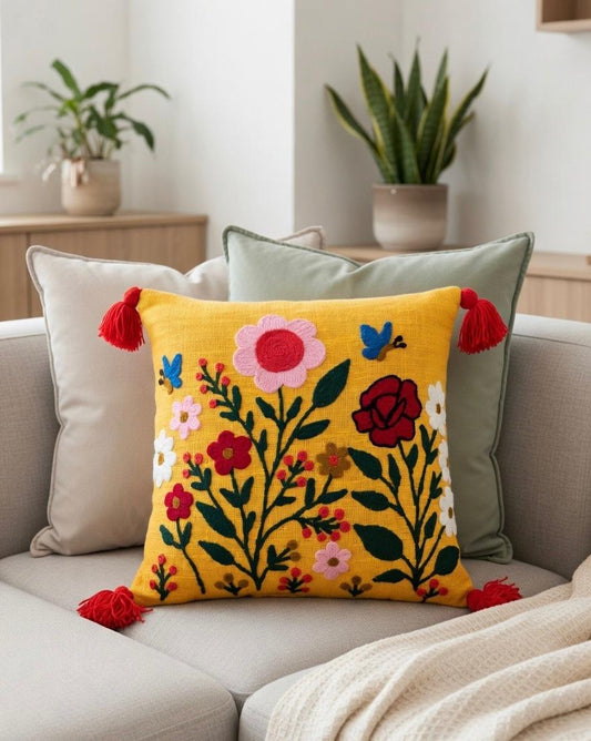 Embroidered Cushion Cover | 16x16", Slub Cotton, Premium Design