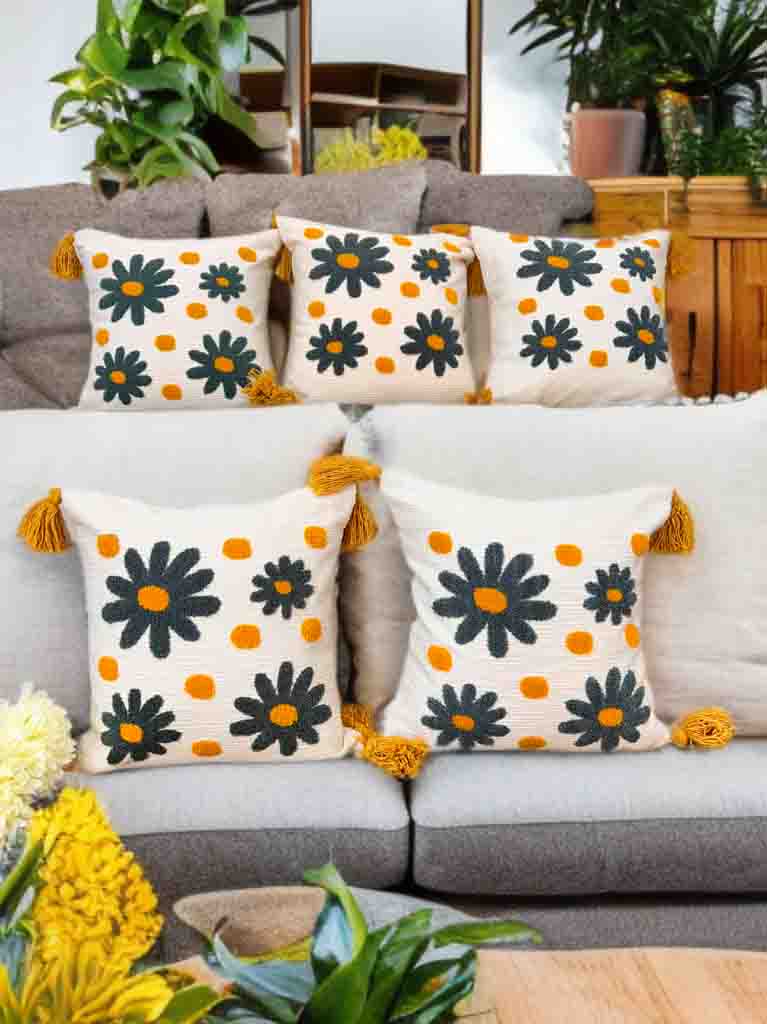 Grey Flower Embroidered Cushion Cover | 16x16", Slub Cotton, Premium Design