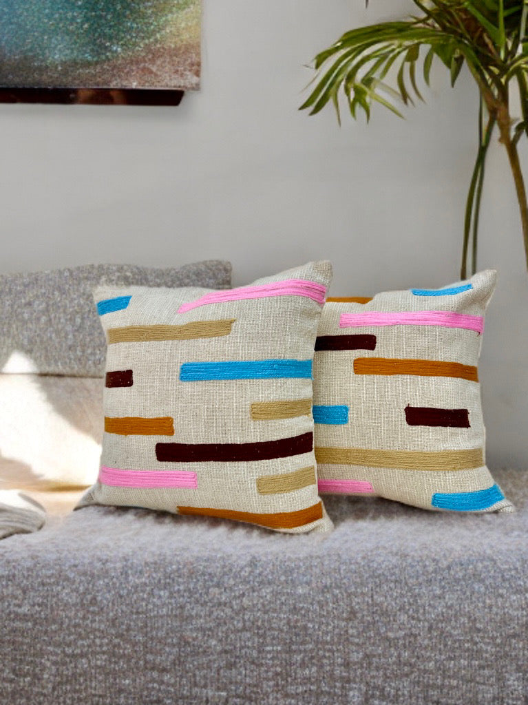 Embroidered Cushion Cover | Slub Cotton, Thread Work (16"x16")