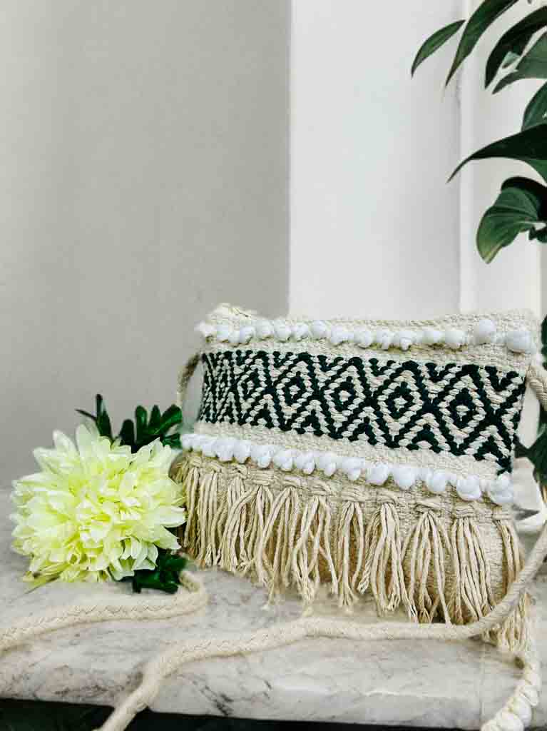 Handmade Boho Sling Bag – Embroidered Crossbody with Zipper & Fringe